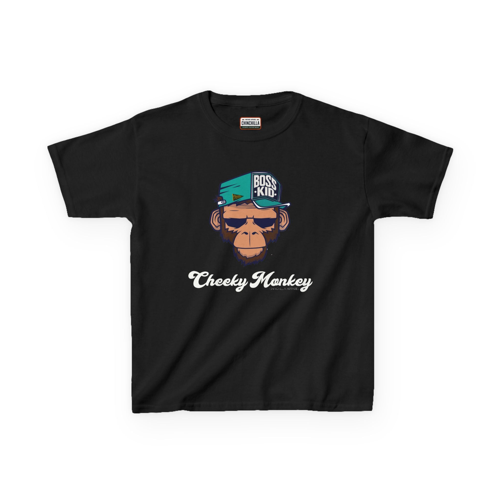 Black t-shirt with a monkey graphic and 'Cheeky Monkey' text on a white background